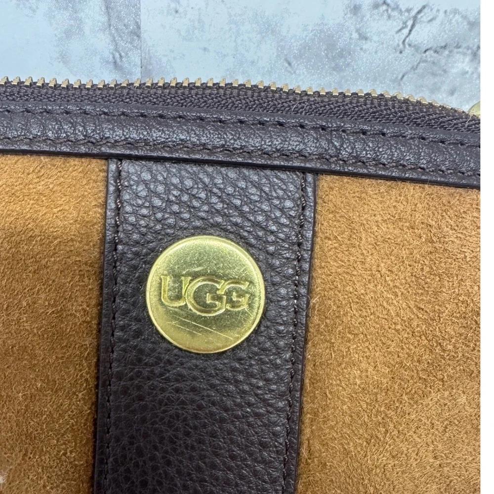 UGG‎ Australia Suede Shearling 🤎Wristlet Pouch Chestnut Brown Leather Trim Logo